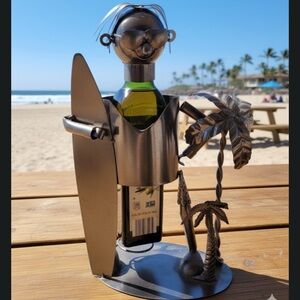 Surfer with Palm Trees Polished Metal Wine Caddy Bottle Holder.
